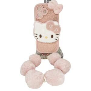Hello Kitty Faux Fur Teddy PomPom Pastel Pink Kawaii Case Wrislet IPhone 17 Cute